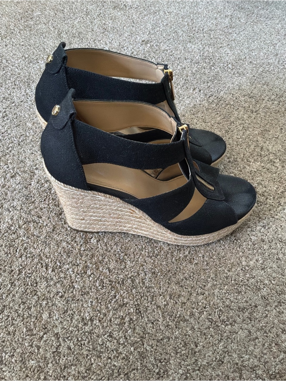 MICHAEL Michael Kors Black Espadrille Wedge Sandals Gold Zip